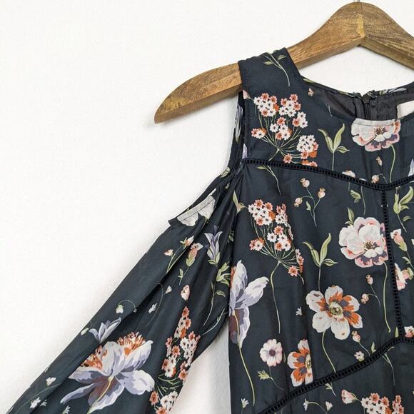 Cinq à Sept Black Terracotta Floral Cold Shoulder Satin Mini Dress - Picture 5 of 8